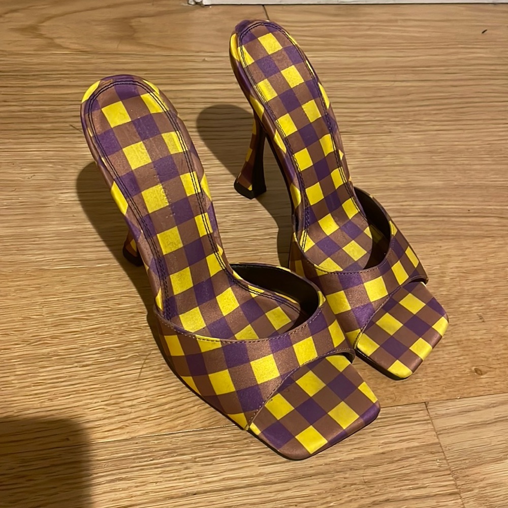 Open Toe Mules Pattern Plaid Heels - image 2